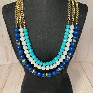 New York & Company Blue Teal White and Gold Multi-Strand Bead Necklace NWT
